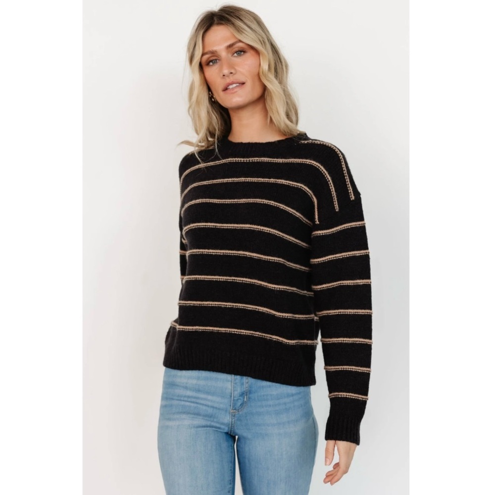 Baltic Born Alanis Striped Crewneck Chunky Knit Pullover Sweater Black Large